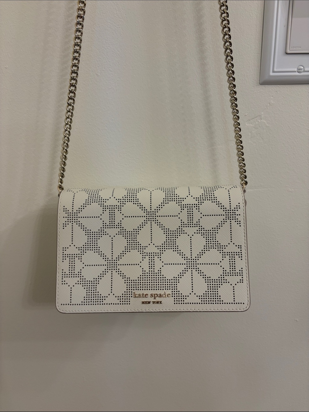 kate spade White Spencer Perforated Floral Crossbody with Silver Strap